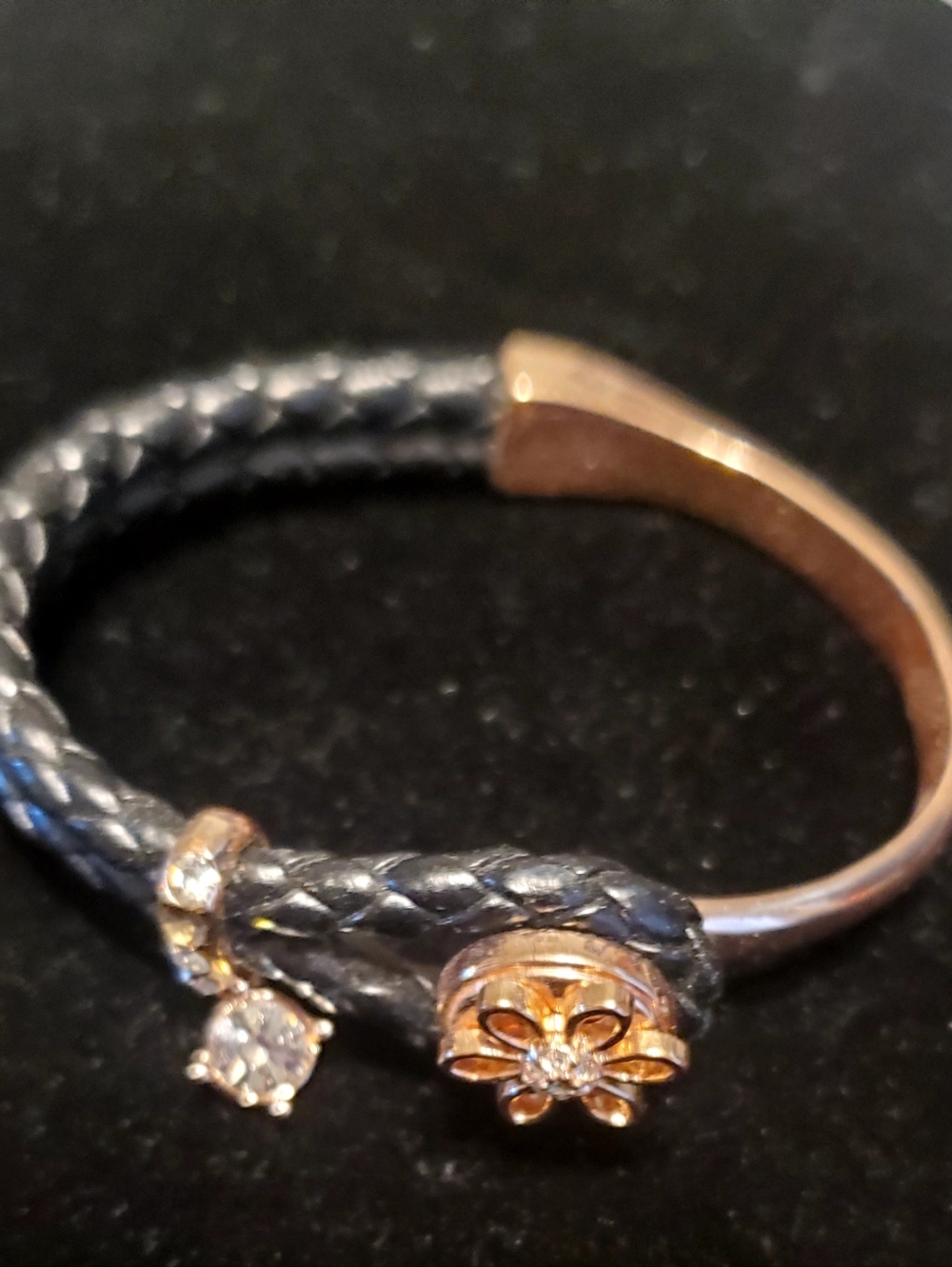 Black Braided Leather Cuff Bracelet with Gold Flower Accents